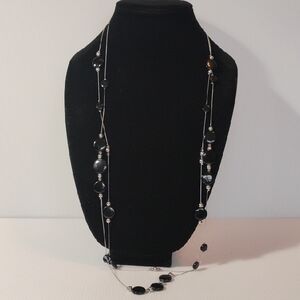 Vintage Charming Charlie Glass Black & Silver Beaded Necklace